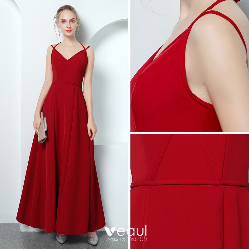 Modern / Fashion Red Evening Dresses 2018 A-Line / Princess Spaghetti ...