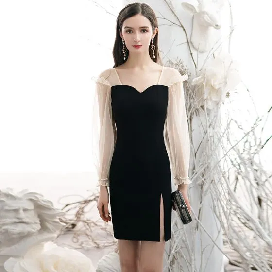 Sexy Black Party Dresses 2020 Square Neckline Long Sleeve Backless ...