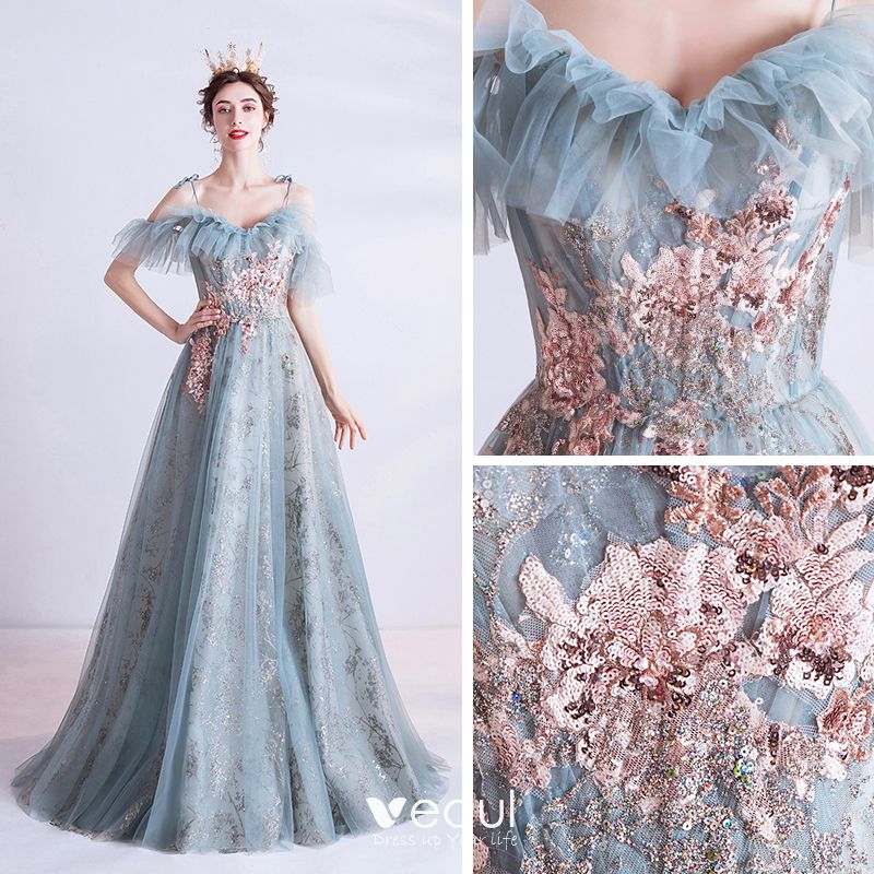 Chic / Beautiful Sky Blue Evening Dresses 2020 A-Line / Princess Off ...