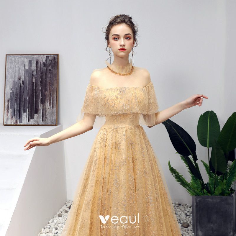 Chic / Beautiful Gold Prom Dresses 2019 A-Line / Princess Scoop Neck ...