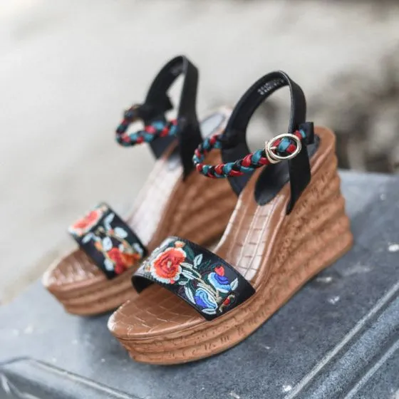 Ethnic Black Street Wear Womens Sandals 2020 Leather 8 cm Wedges Open ...