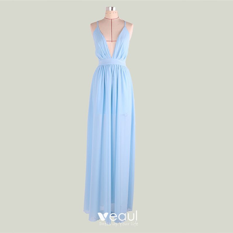Sexy Sky Blue Chiffon Summer Maxi Dresses 2018 V-Neck Spaghetti Straps ...