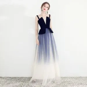 Chic / Beautiful Navy Blue Gradient-Color Evening Dresses 2019 A-Line / Princess Spaghetti Straps Sleeveless Backless Floor-Length / Long Formal Dresses