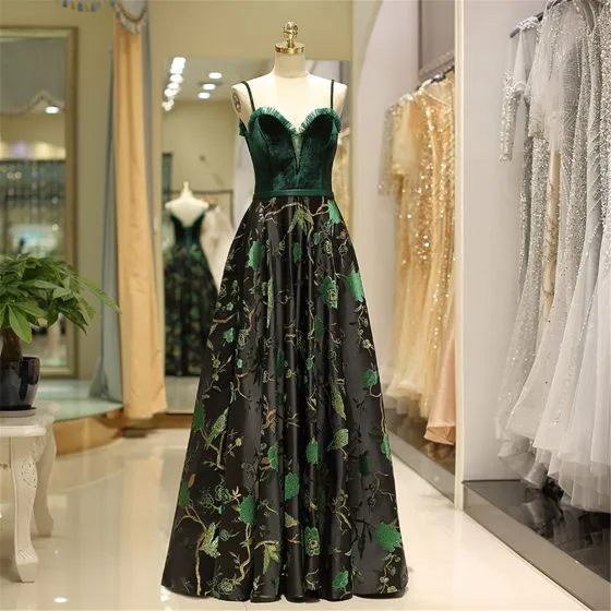 Vintage / Retro Dark Green Evening Dresses 2019 A-Line / Princess Spaghetti  Straps Suede Beading Crystal Sleeveless