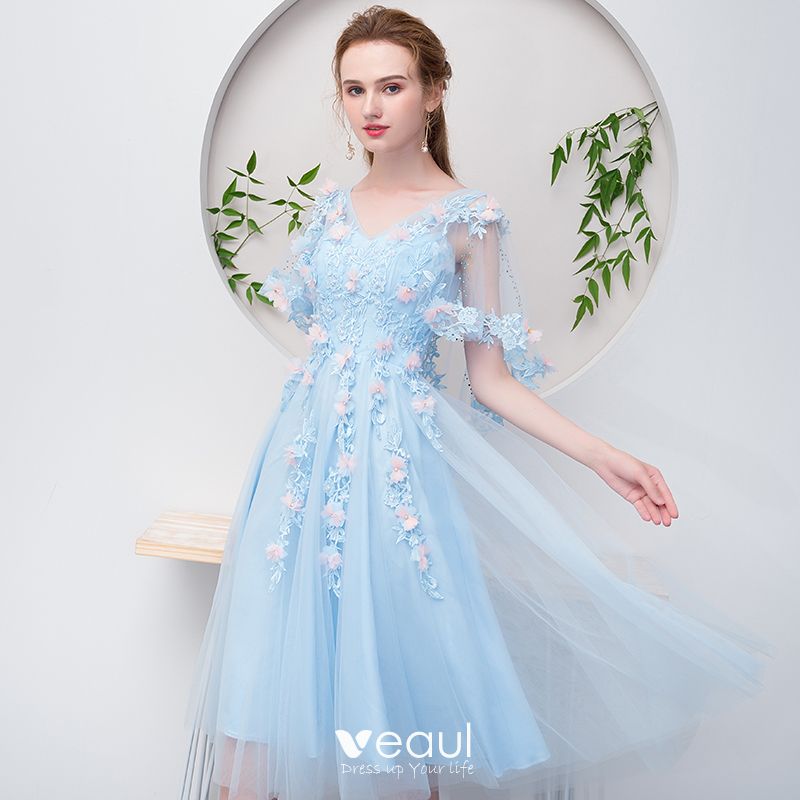 Flower Fairy Sky Blue Short Graduation Dresses 2018 A-Line / Princess V ...