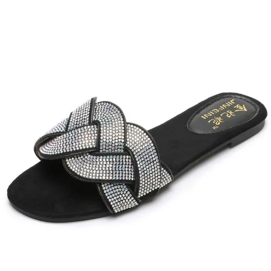 women's black flip flops with rhinestones