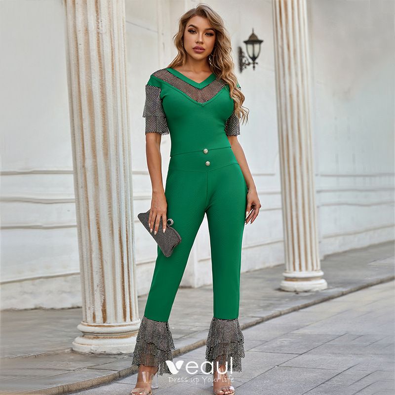 Fashion Green Street Wear See-through Rhinestone Tight Jumpsuit 2021 V ...