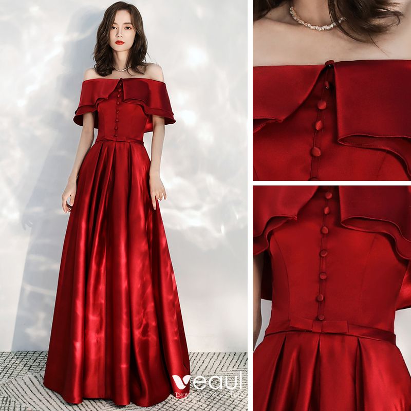 Affordable Red Satin Prom Dresses 2020 A-Line / Princess Off-The ...