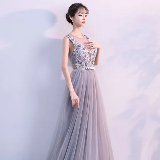 Elegant Grey Evening Dresses 2017 A-Line / Princess V-Neck Sleeveless ...