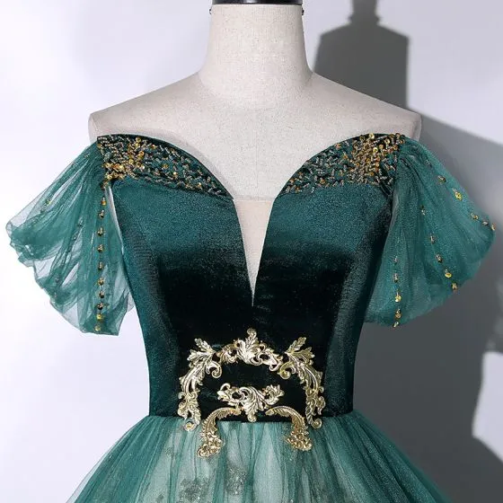 Elegant Dark Green Beading Sequins Prom Dresses 2023 Ball Gown OffThe