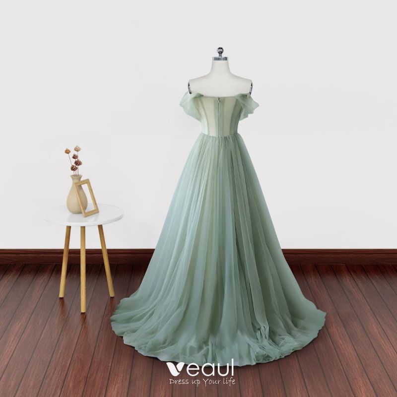 Romantic Leaf Sage Green Prom Dresses 2024 Tulle Off The Shoulder   Romantic Leaf Sage Green Prom Dresses 2024 Tulle Off The Shoulder Sleeveless A Line Princess Formal Dresses 800x800 