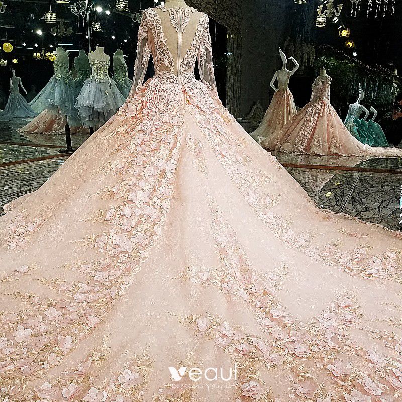 Luxury / Gorgeous Pearl Pink Wedding Dresses 2018 Ball Gown Lace 