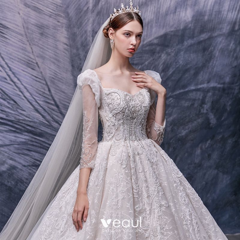 Vintage / Retro Champagne Bridal Wedding Dresses 2020 Ball Gown Square ...