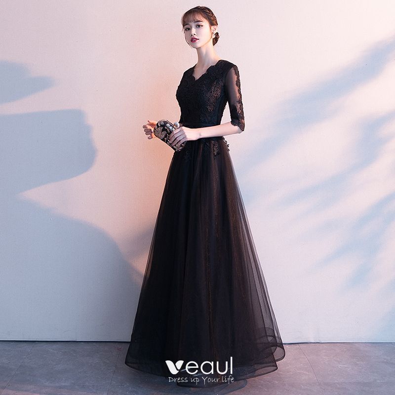 Affordable Black See-through Evening Dresses 2019 A-Line / Princess V ...