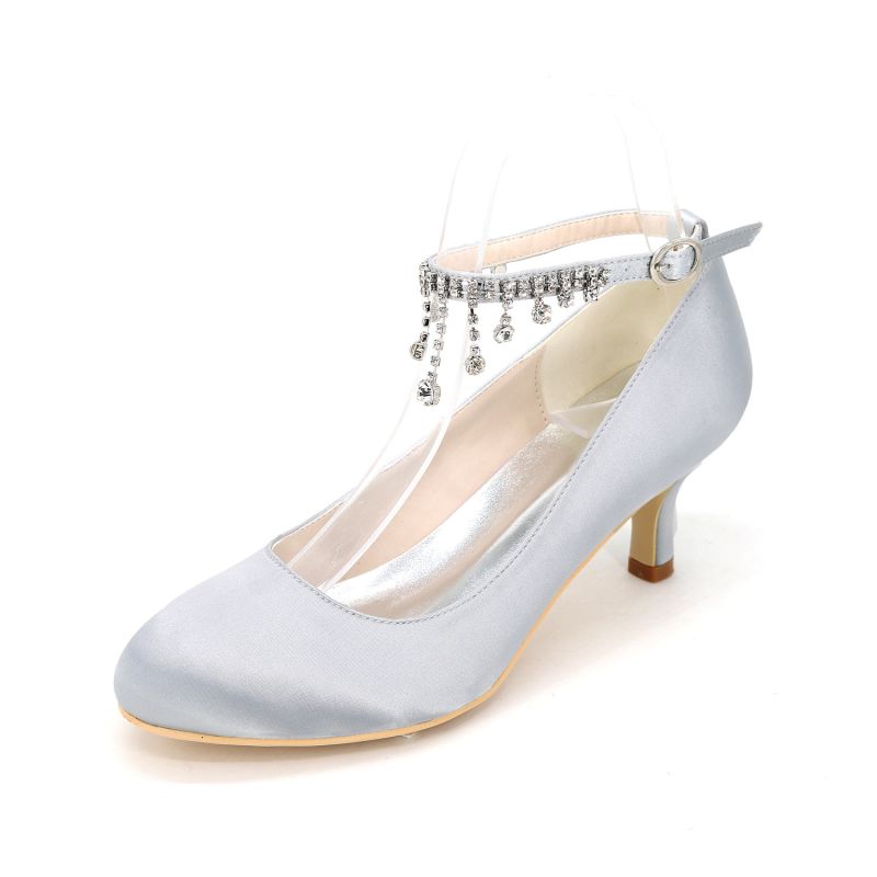 Classy White Wedding Shoes 2020 Satin Rhinestone Ankle Strap 6 cm ...