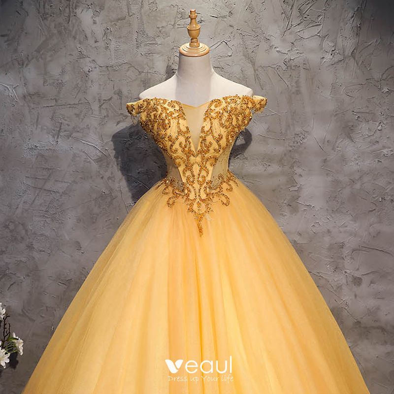 Vintage / Retro Gold Prom Dresses 2018 Ball Gown Off-The-Shoulder Short ...