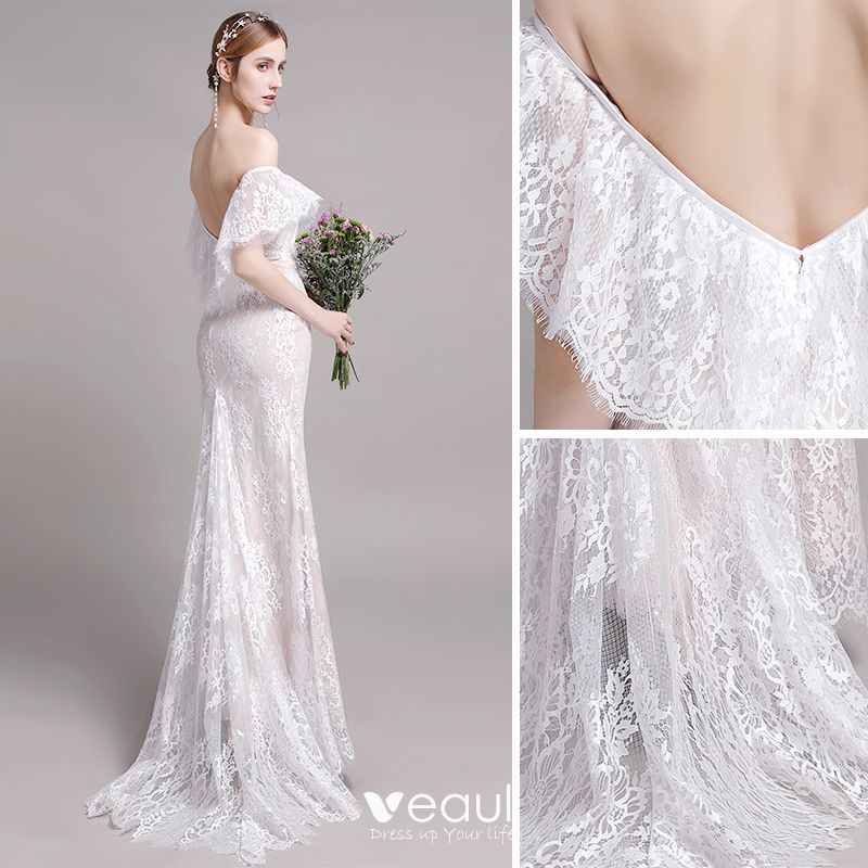 Chic Beautiful Champagne Beach Wedding Dresses 2019 Trumpet Mermaid Off The Shoulder Lace Flower Short Sleeve Backless Sweep Train