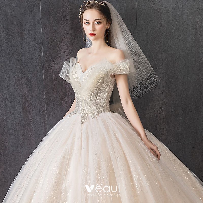 Classy Champagne Wedding Dresses 2019 Ball Gown Off The Shoulder Short Sleeve Beading Sequins 9123