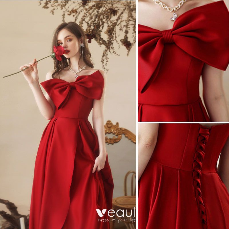 Charming Red Satin Evening Dresses 2022 A-Line / Princess Strapless Bow ...