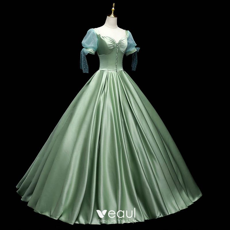 satin sage green prom dress