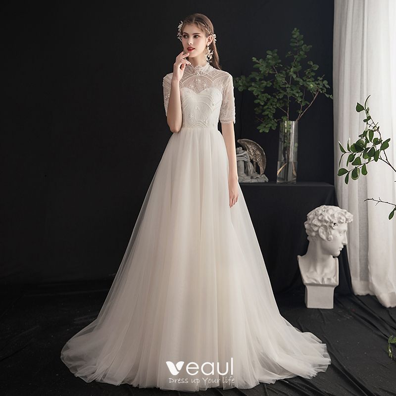 Chic Beautiful Champagne Wedding Dresses 2019 A Line Princess High Neck Beading Sequins Pearl Lace Flower Short Sleeve Backless Sweep Train