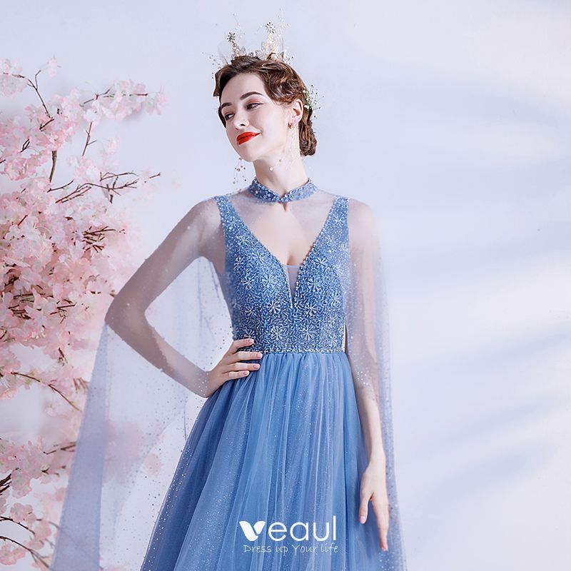 Sexy Ocean Blue Dancing Prom Dresses With Shawl 2021 A-Line / Princess ...