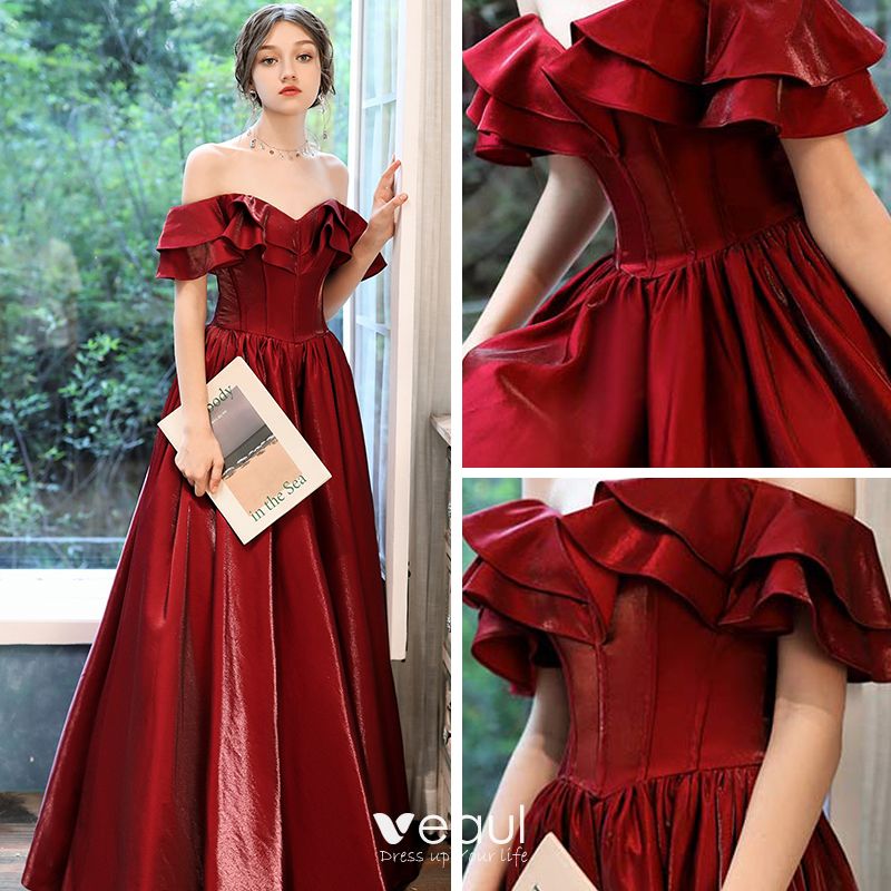 Chic / Beautiful Red Velour Evening Dresses 2020 A-Line / Princess Off ...