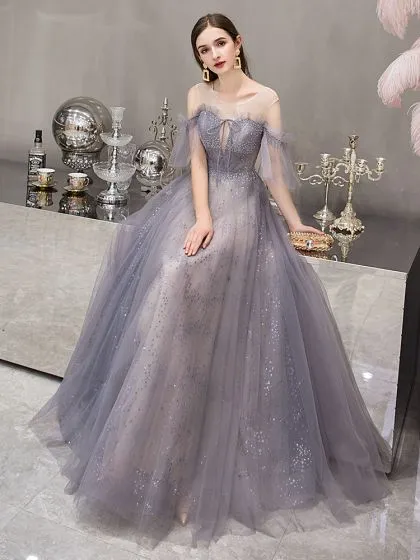 Elegant Grey See-through Evening Dresses 2019 A-Line / Princess Short ...