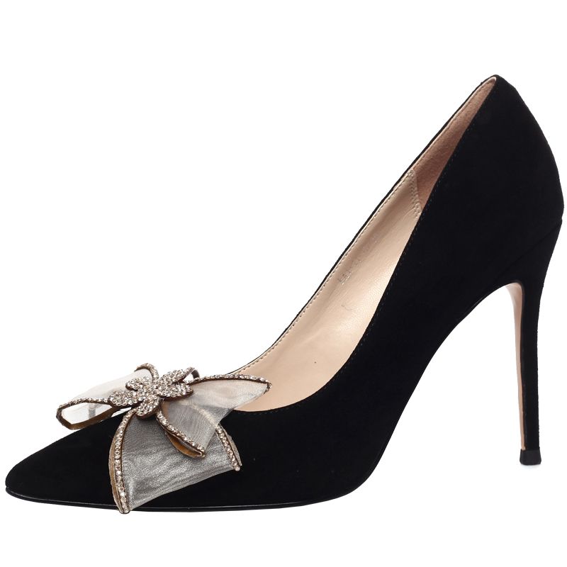 Chic / Beautiful Black Evening Party Pumps 2020 Leather Rhinestone Bow ...