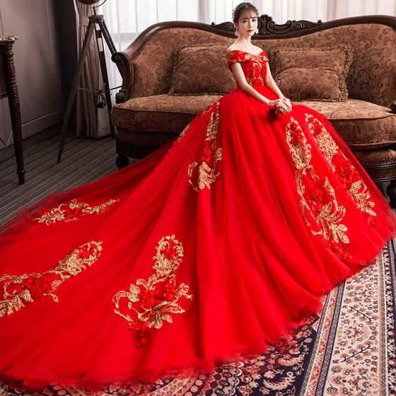 Chic / Beautiful Red Wedding Dresses 2019 A-Line / Princess Off-The ...