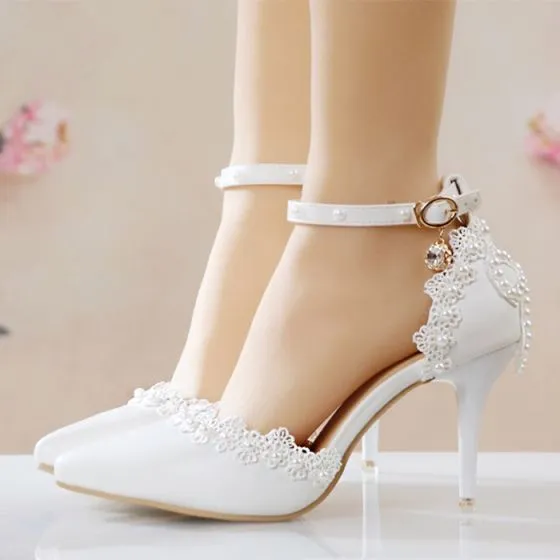 white pointed toe ankle strap heels