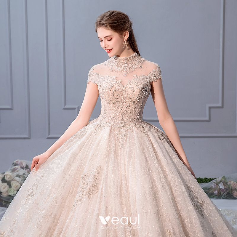 Luxury / Gorgeous Champagne Wedding Dresses 2019 Ball Gown Scoop Neck ...