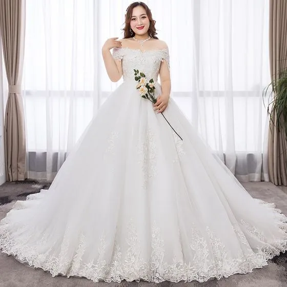 Modest / Simple White Ball Gown Plus Size Wedding Dresses 2019 Lace ...