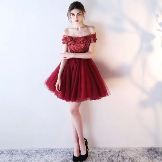 Modern / Fashion Burgundy Cocktail Dresses 2018 Ball Gown Off-The ...