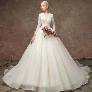 Elegant Champagne Pierced Beading Wedding Dresses 2019 A-Line / Princess V-Neck Long Sleeve Glitter Tulle Chapel Train Ruffle