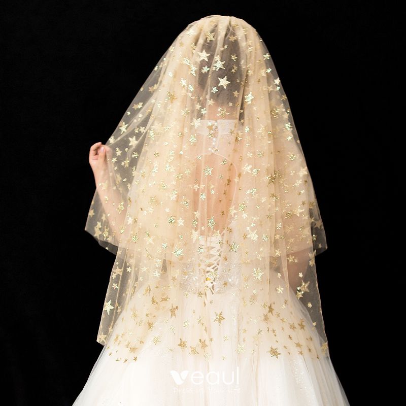 Sparkly Bling Bling Champagne Wedding Veils 2020 Short Tulle Sequins Star  Wedding Accessories