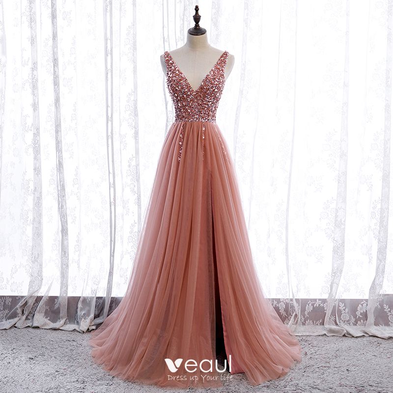 Elegant Pearl Pink Prom Dresses 2020 A Line Princess Deep V Neck Sleeveless Sequins Beading