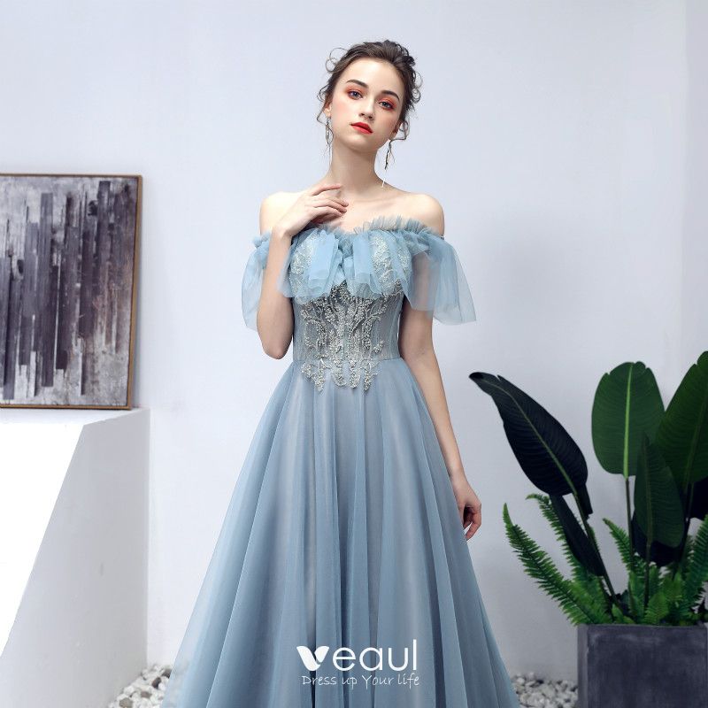 Elegant Pool Blue Prom Dresses 2019 A-Line / Princess Off-The-Shoulder ...