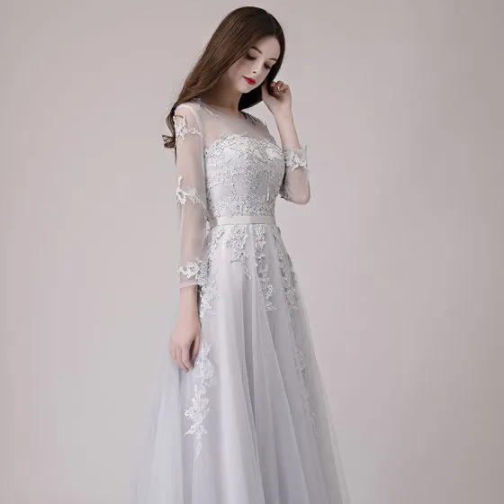 Affordable Grey See-through Prom Dresses 2018 A-Line / Princess Scoop ...