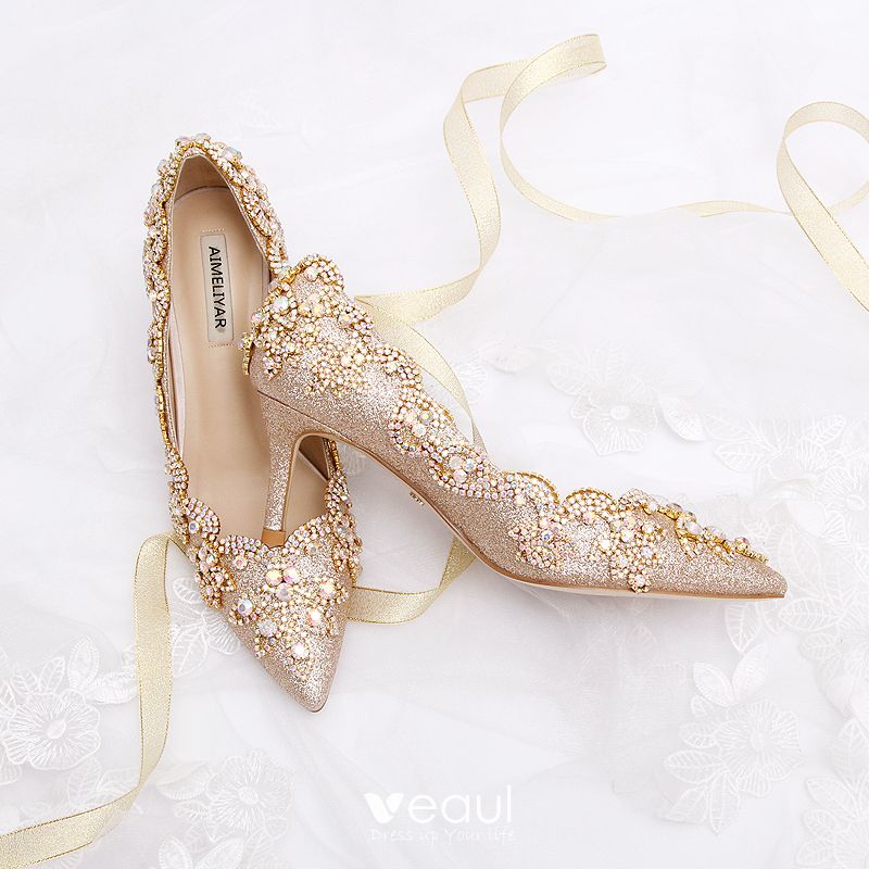 Charming Gold Glitter Wedding Shoes 2020 Leather Rhinestone Sequins 9 ...