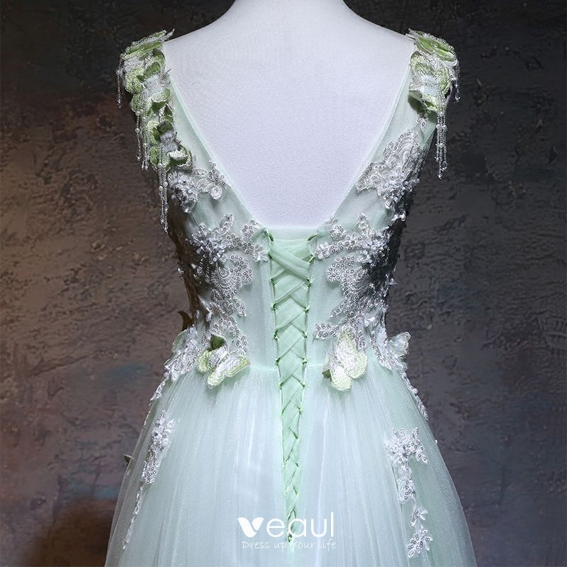 Elegant Sage Green Prom Dresses 2018 ALine / Princess V