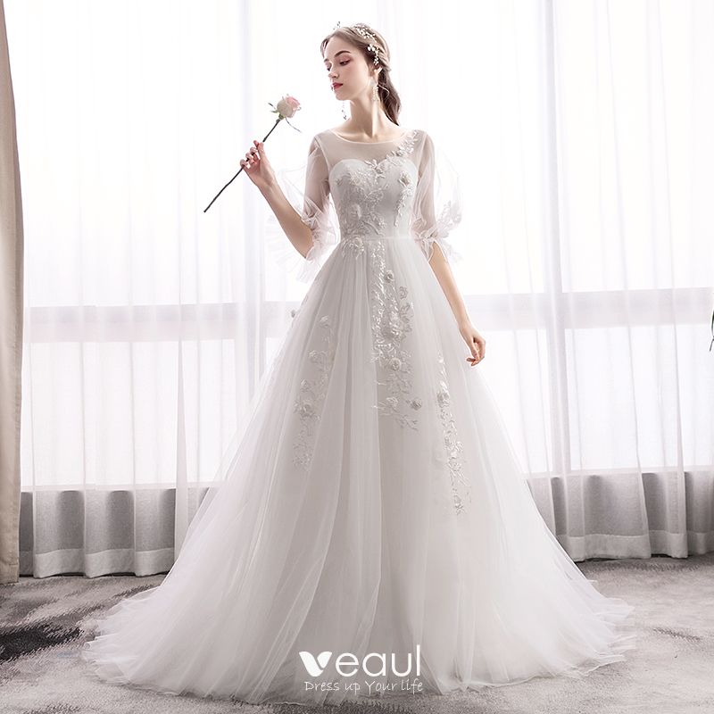 Elegant Ivory Wedding Dresses 2019 A-Line Princess Scoop Neck Appliques  Lace Flower Bell