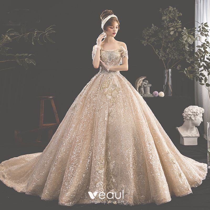 Luxury / Gorgeous Champagne Wedding Dresses 2019 Ball Gown Off-The ...