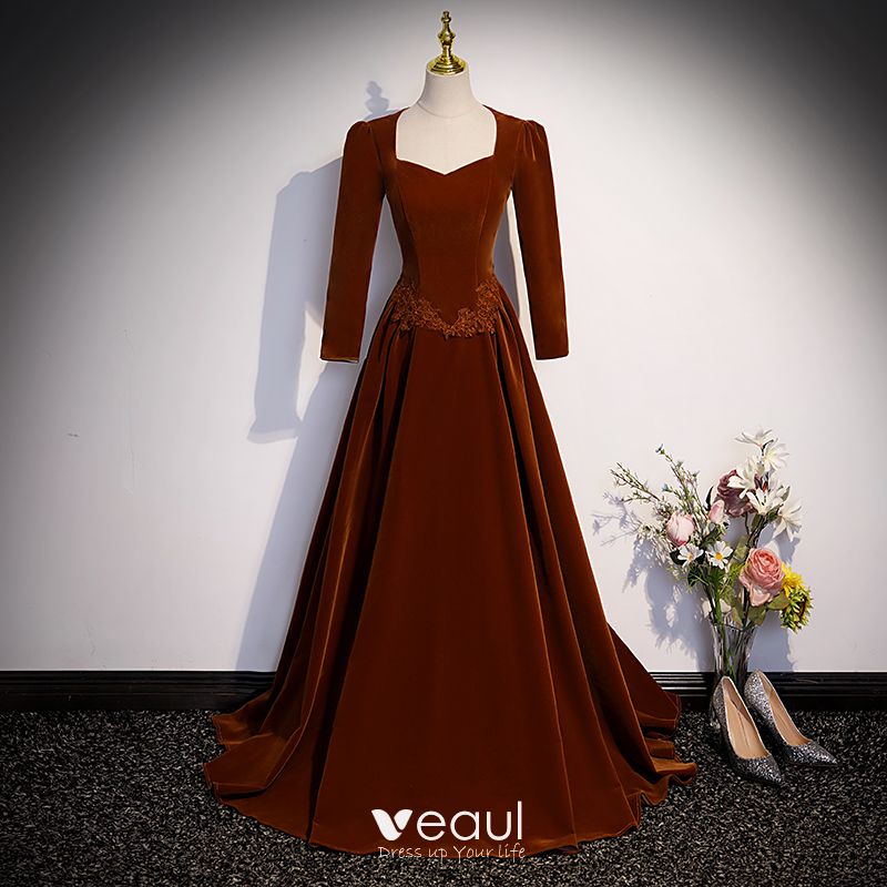 Vintage / Retro Brown Velour Suede Fall Winter Prom Dresses 2023 A