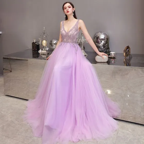 High-end Lavender Evening Dresses 2020 A-Line / Princess See-through ...