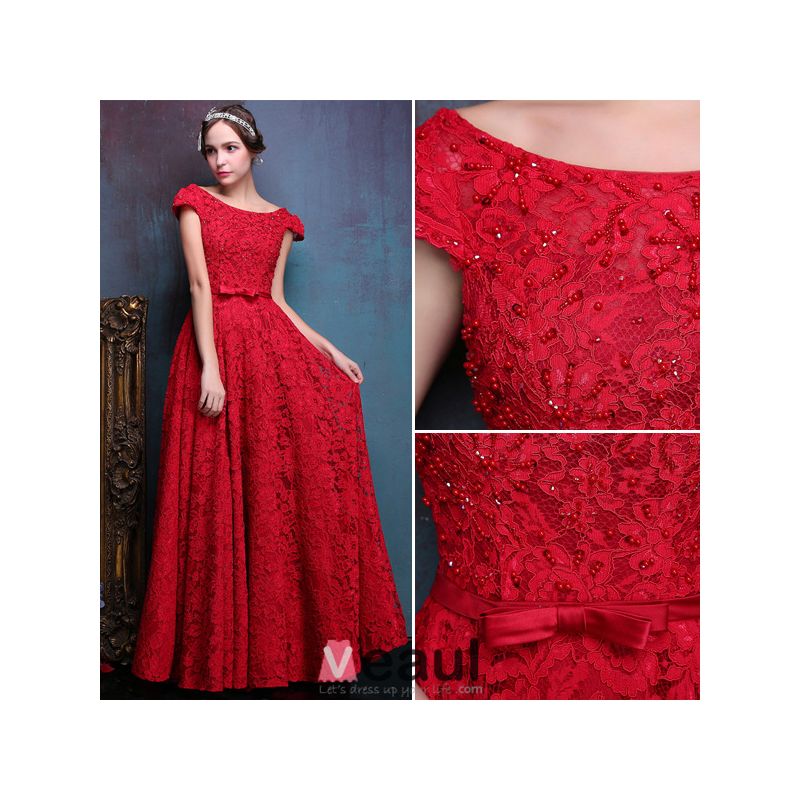 Elegant Evening Dresses 2016 Backless Short Sleeves Beading Red Lace ...