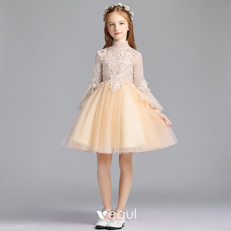 Chic / Beautiful Champagne Flower Girl 2019 / Princess High Neck Long Sleeve Appliques Lace Short Ruffle Wedding Party Dresses