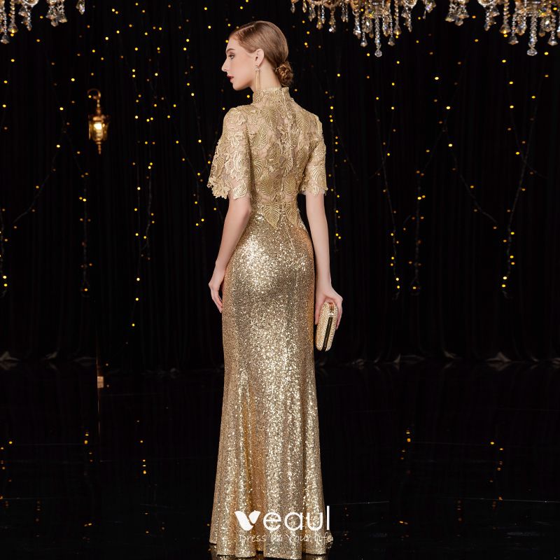 Sparkly Gold Sequins Pierced Evening Dresses 2019 Trumpet