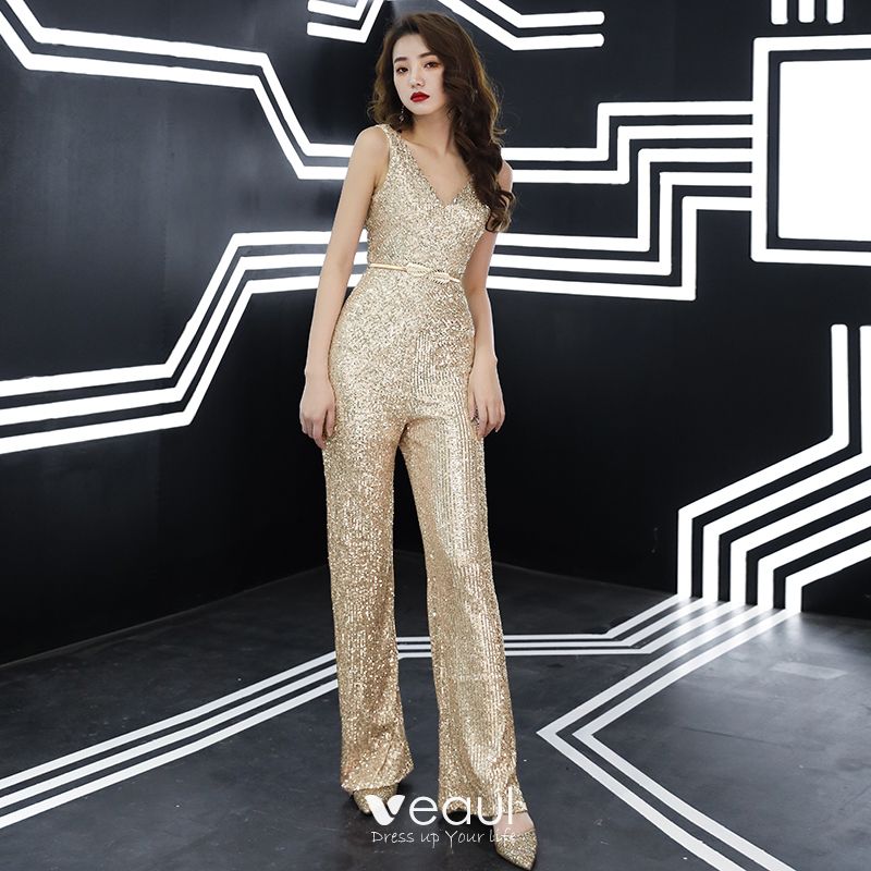 Sparkly Rose Gold Sequins Jumpsuit 2019 V-Neck Sleeveless Metal Sash ...