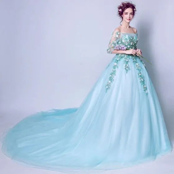 Flower Fairy Pool Blue Prom Dresses 2018 Ball Gown Off-The-Shoulder 3/4 ...